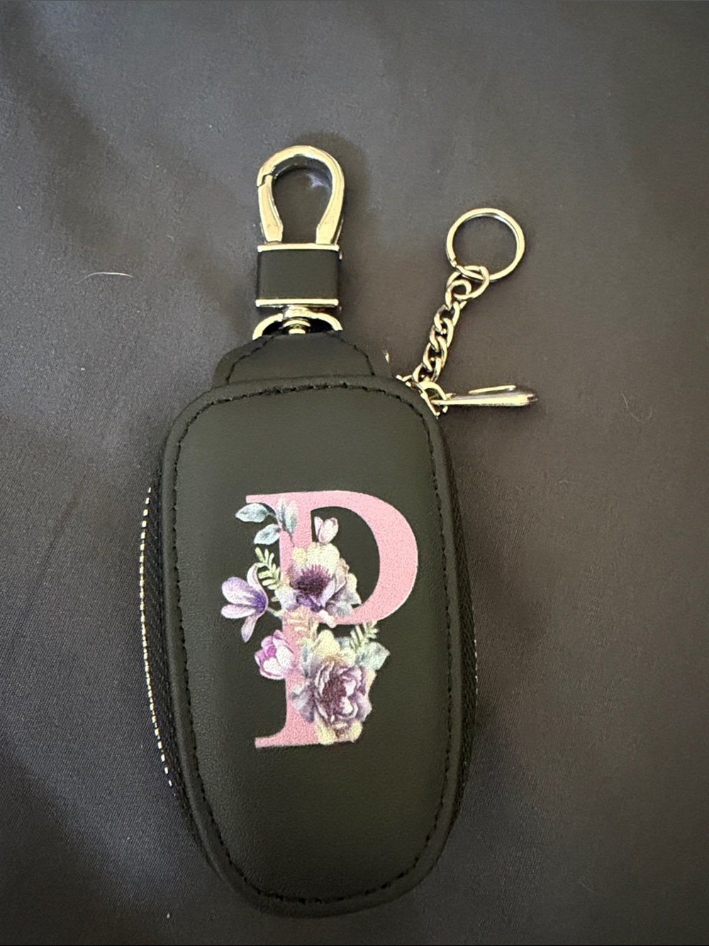 Monogram 'P' Floral Key Pouch - Black with Pink Accent